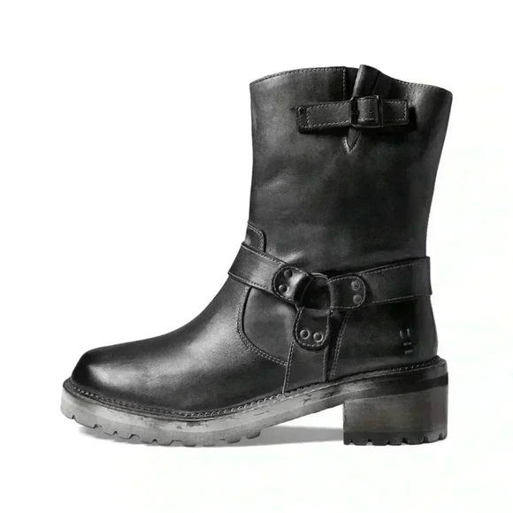 ROAN Bed Stu Distressed Biker Boots Size 7 Black Harness Western Ankle Combat - Picture 1 of 12